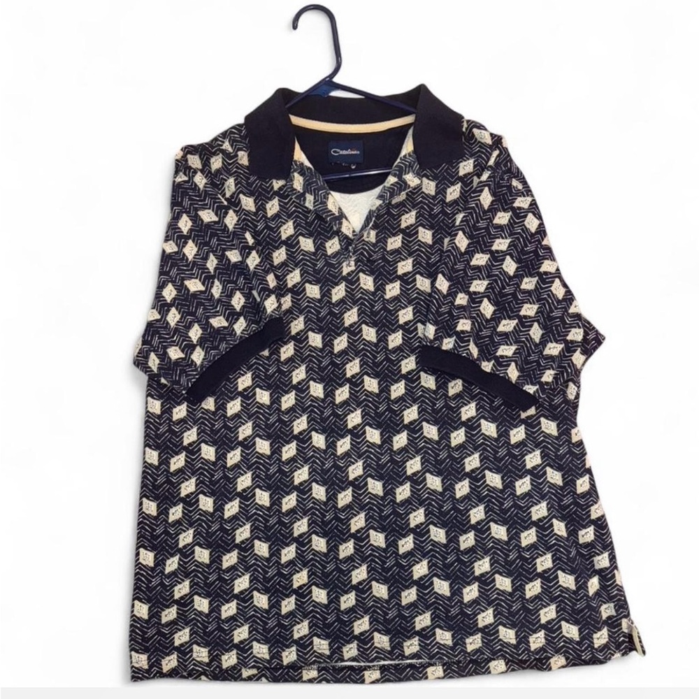 Catalina Vintage Navy Beige Patterned Polo Shirt L